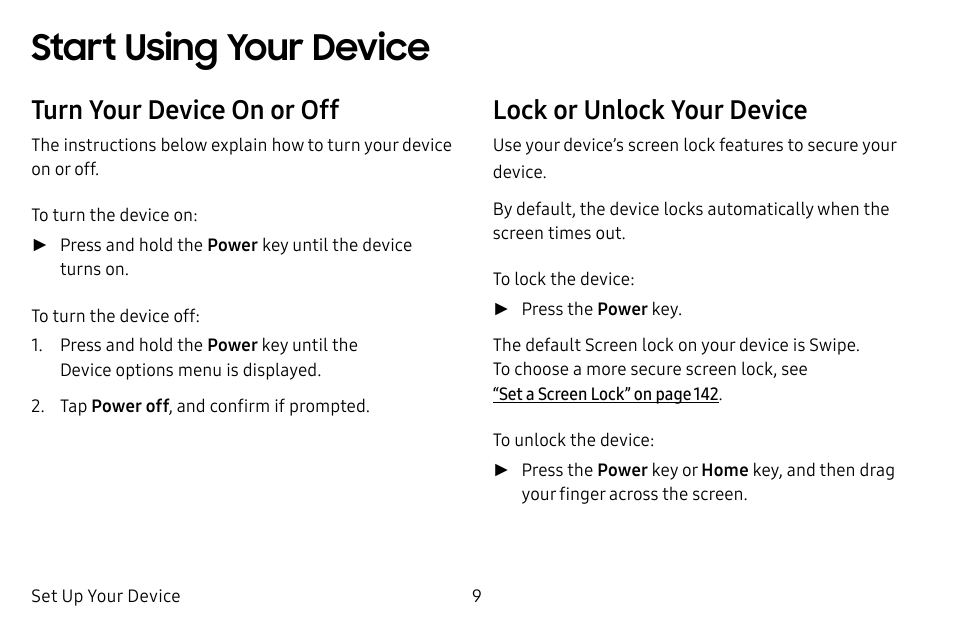 Start using your device, Turn your device on or off, Lock or unlock your device | Samsung Galaxy Tab S3 (SM-T825) User Manual | Page 14 / 177