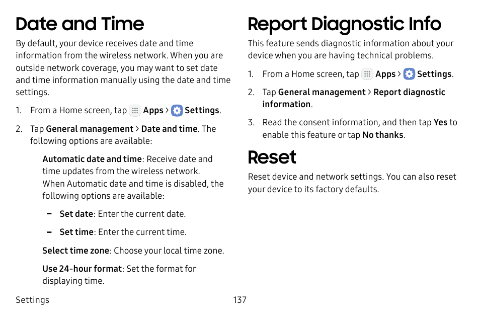 Date and time, Report diagnostic info, Reset | Samsung Galaxy Tab S3 (SM-T825) User Manual | Page 142 / 177