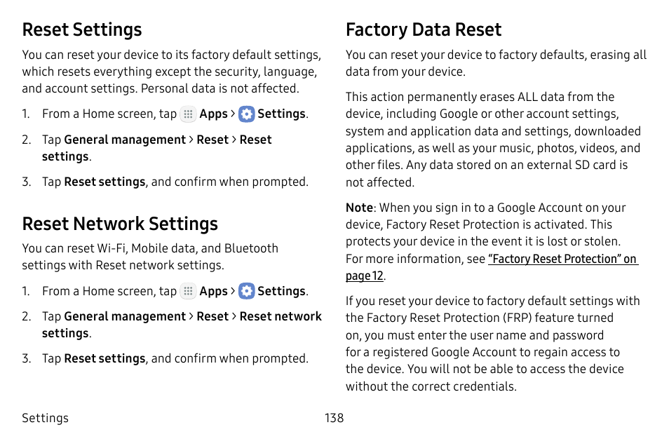 Reset settings, Reset network settings, Factory data reset | Samsung Galaxy Tab S3 (SM-T825) User Manual | Page 143 / 177