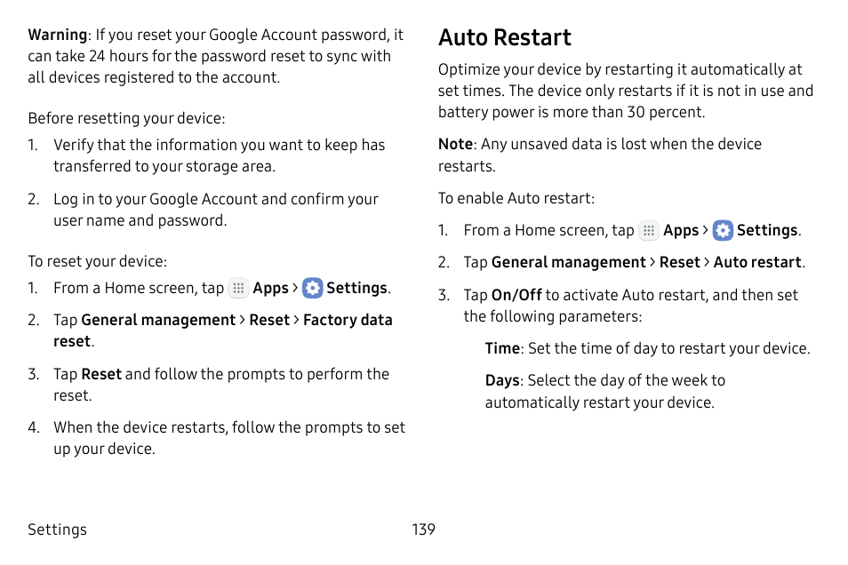 Auto restart | Samsung Galaxy Tab S3 (SM-T825) User Manual | Page 144 / 177