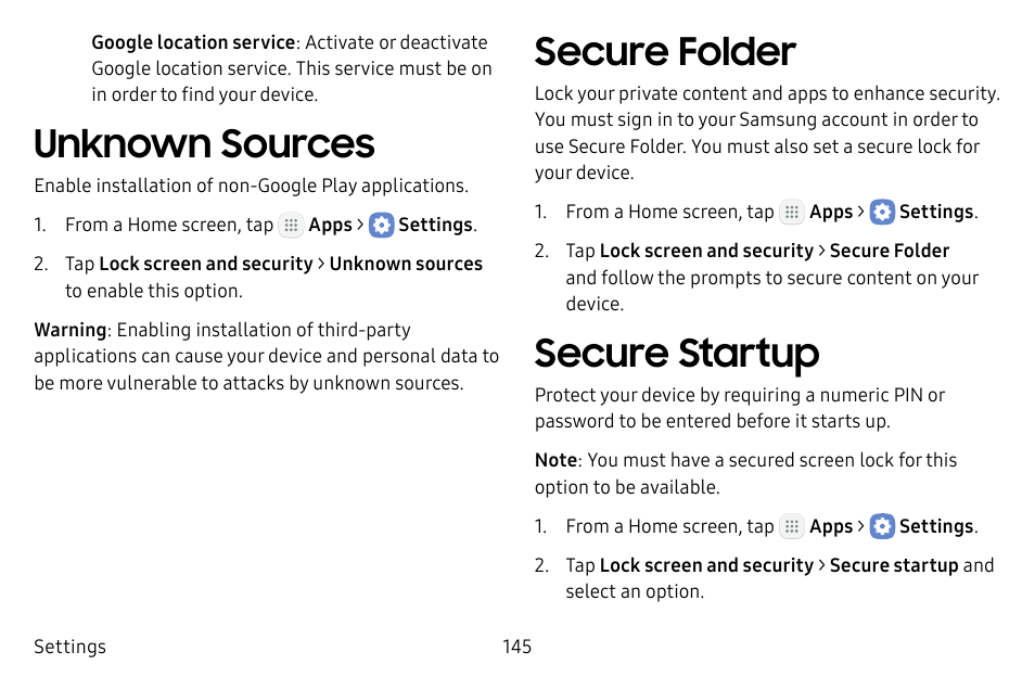 Unknown sources, Secure folder, Secure startup | Samsung Galaxy Tab S3 (SM-T825) User Manual | Page 150 / 177