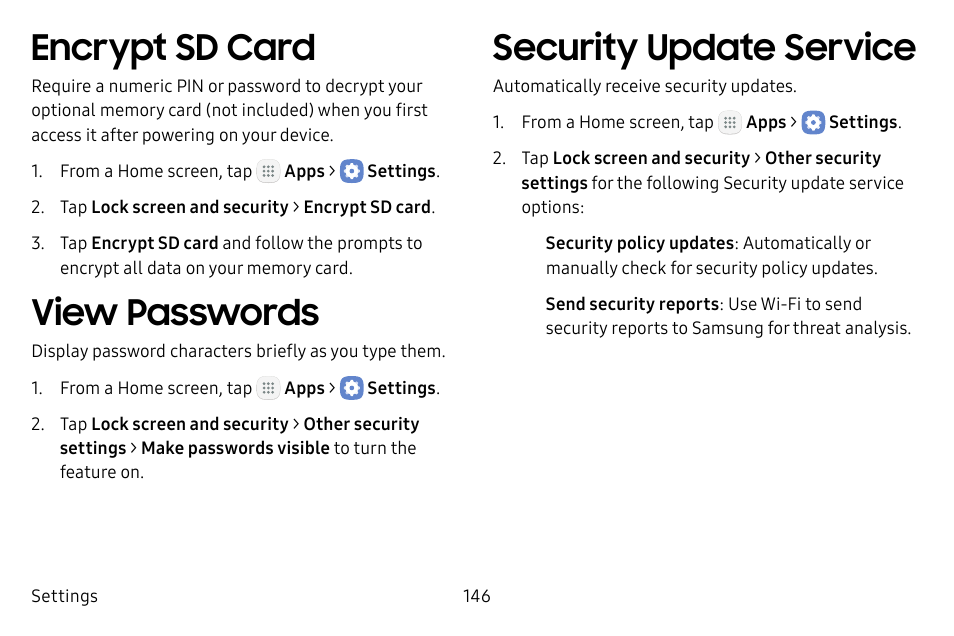 Encrypt sd card, View passwords, Security update service | Samsung Galaxy Tab S3 (SM-T825) User Manual | Page 151 / 177