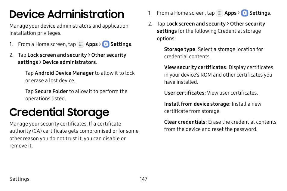 Device administration, Credential storage | Samsung Galaxy Tab S3 (SM-T825) User Manual | Page 152 / 177