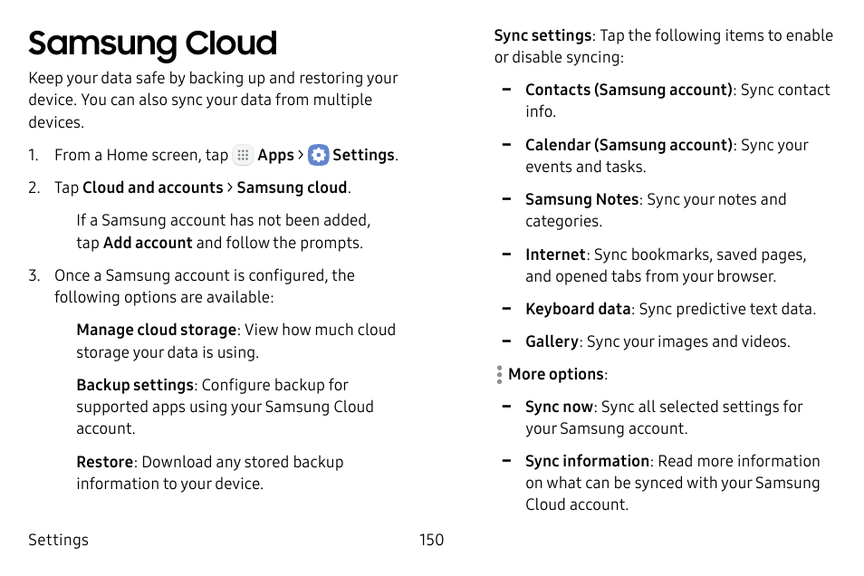 Samsung cloud | Samsung Galaxy Tab S3 (SM-T825) User Manual | Page 155 / 177