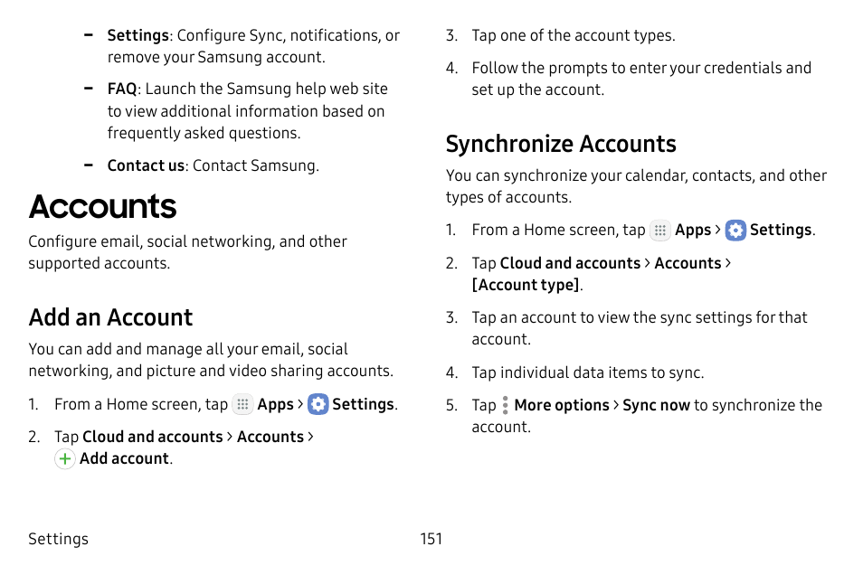 Accounts, Add an account, Synchronize accounts | Samsung Galaxy Tab S3 (SM-T825) User Manual | Page 156 / 177