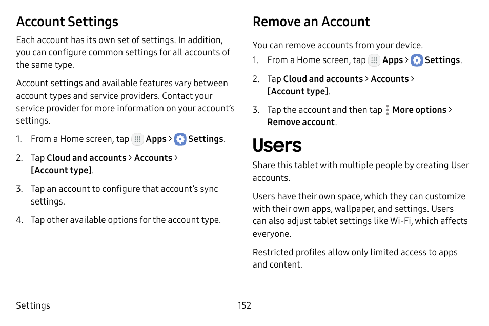 Users, Account settings, Remove an account | Samsung Galaxy Tab S3 (SM-T825) User Manual | Page 157 / 177