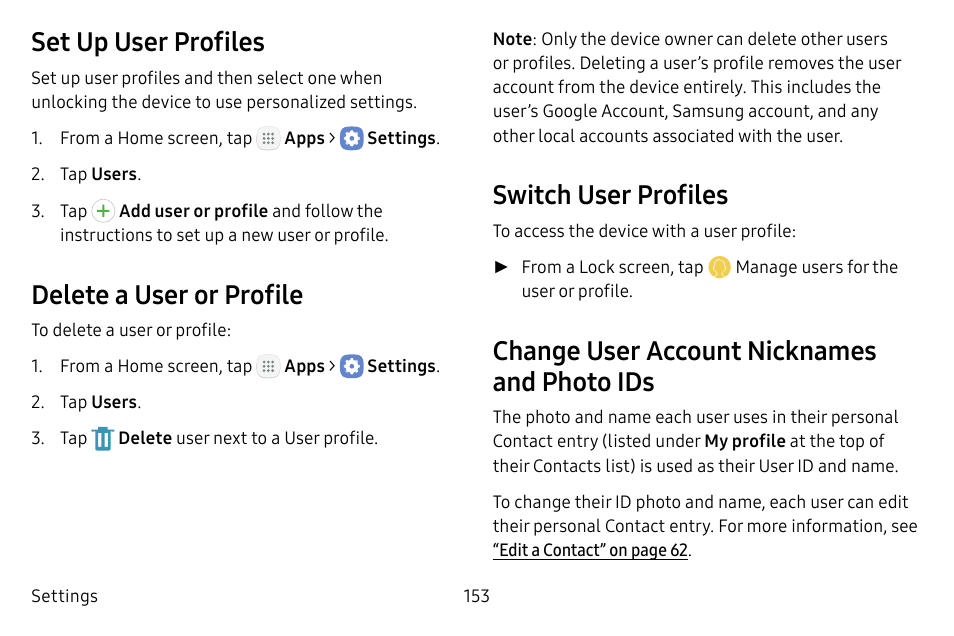 Set up user profiles, Delete a user or profile, Switch user profiles | Change user account nicknames and photo ids | Samsung Galaxy Tab S3 (SM-T825) User Manual | Page 158 / 177
