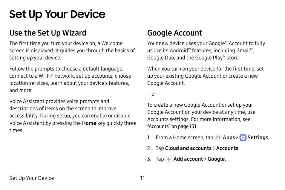Set up your device, Use the set up wizard, Google account | Samsung Galaxy Tab S3 (SM-T825) User Manual | Page 16 / 177