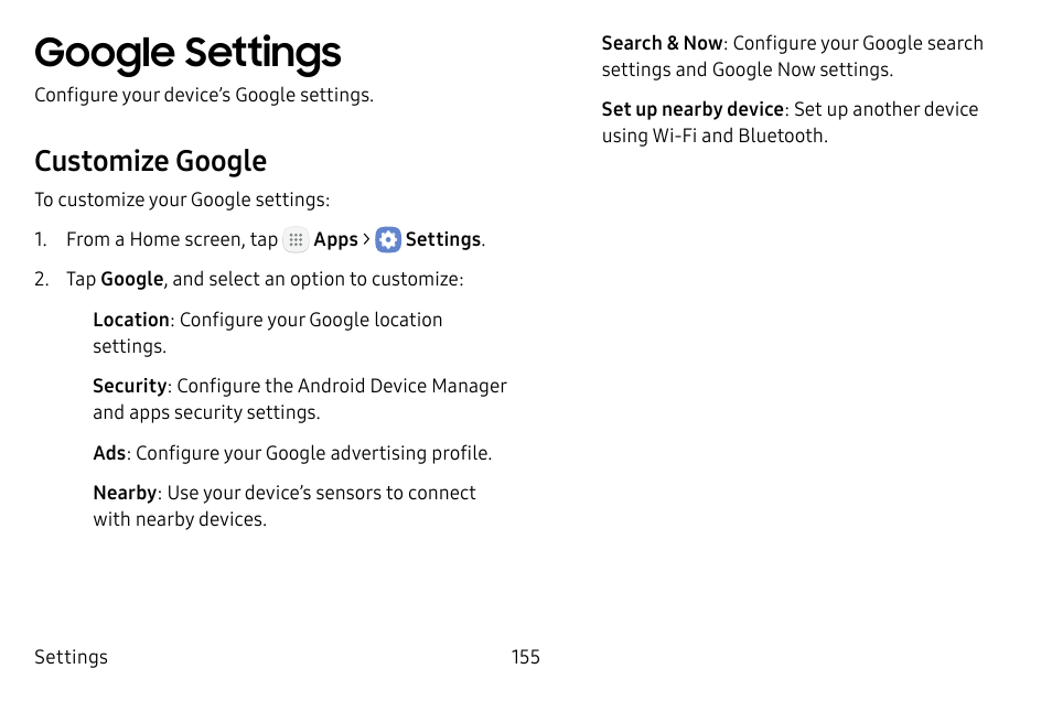 Google settings, Customize google | Samsung Galaxy Tab S3 (SM-T825) User Manual | Page 160 / 177