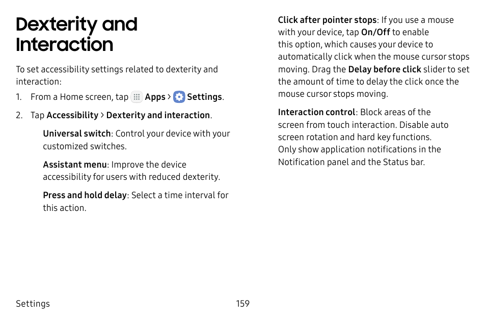 Dexterity and interaction | Samsung Galaxy Tab S3 (SM-T825) User Manual | Page 164 / 177