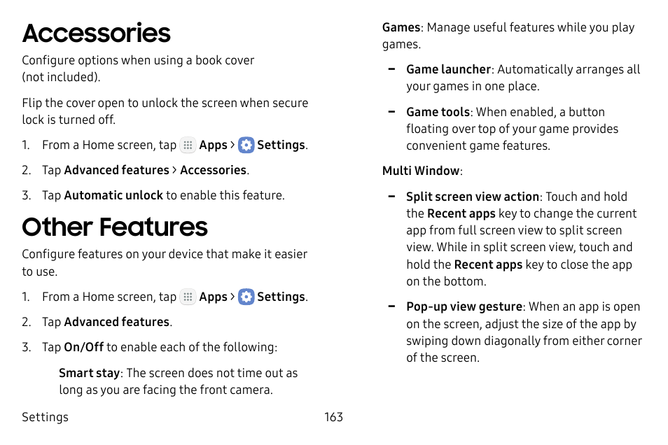 Accessories, Other features | Samsung Galaxy Tab S3 (SM-T825) User Manual | Page 168 / 177