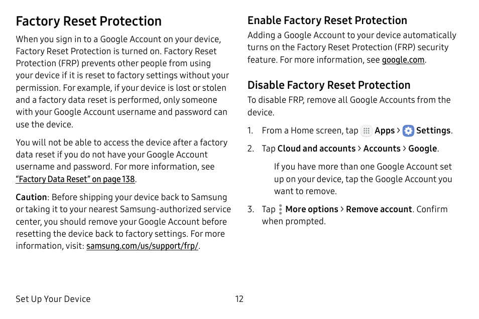 Factory reset protection | Samsung Galaxy Tab S3 (SM-T825) User Manual | Page 17 / 177