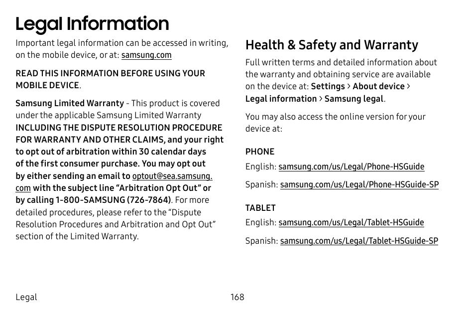 Legal information, Health & safety and warranty | Samsung Galaxy Tab S3 (SM-T825) User Manual | Page 173 / 177
