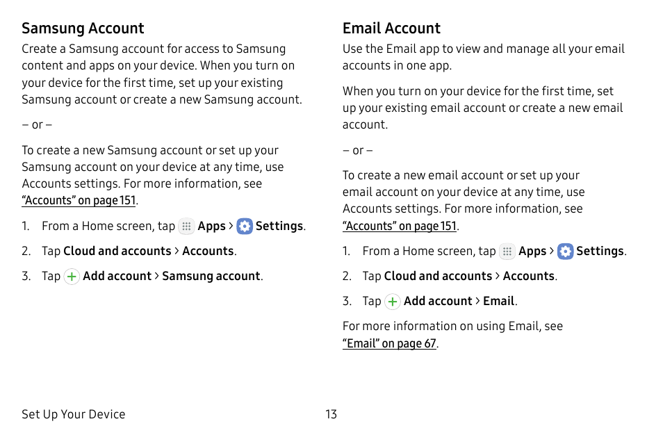 Samsung account, Email account | Samsung Galaxy Tab S3 (SM-T825) User Manual | Page 18 / 177
