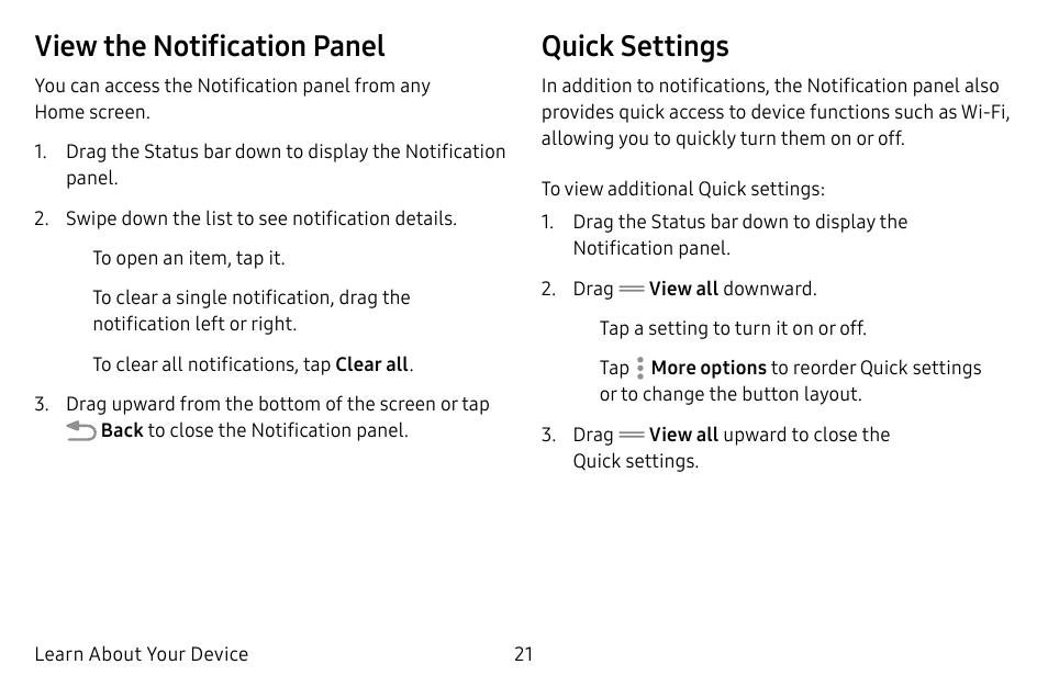 View the notification panel, Quick settings | Samsung Galaxy Tab S3 (SM-T825) User Manual | Page 26 / 177