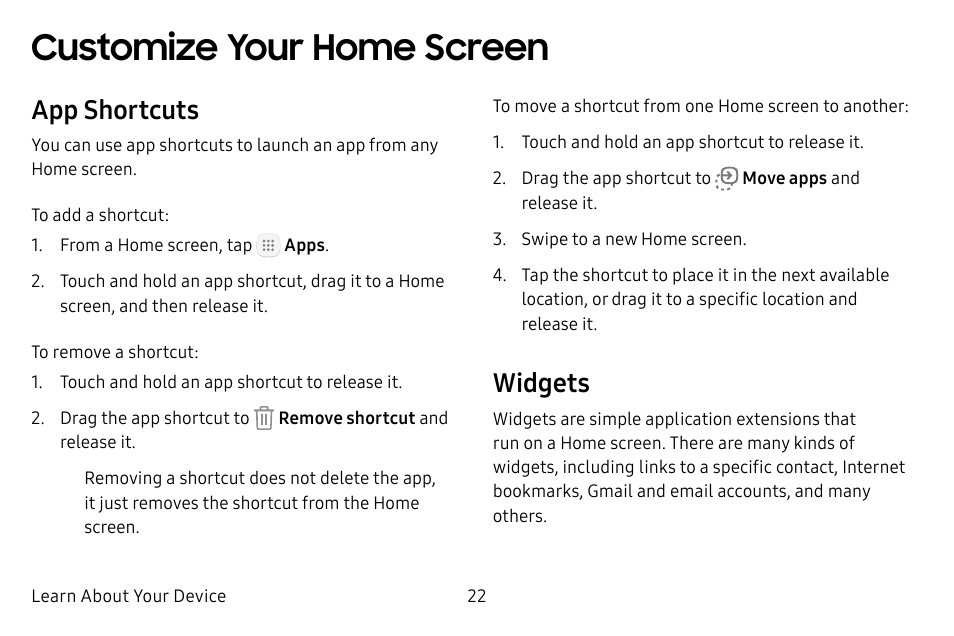 Customize your home screen, App shortcuts, Widgets | Samsung Galaxy Tab S3 (SM-T825) User Manual | Page 27 / 177