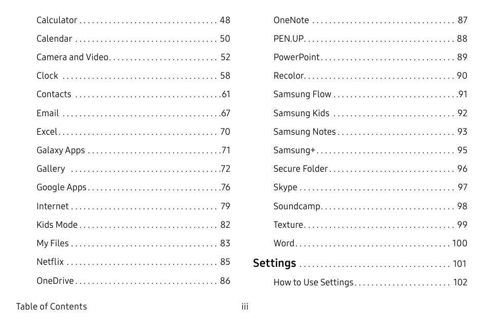 Settings | Samsung Galaxy Tab S3 (SM-T825) User Manual | Page 3 / 177