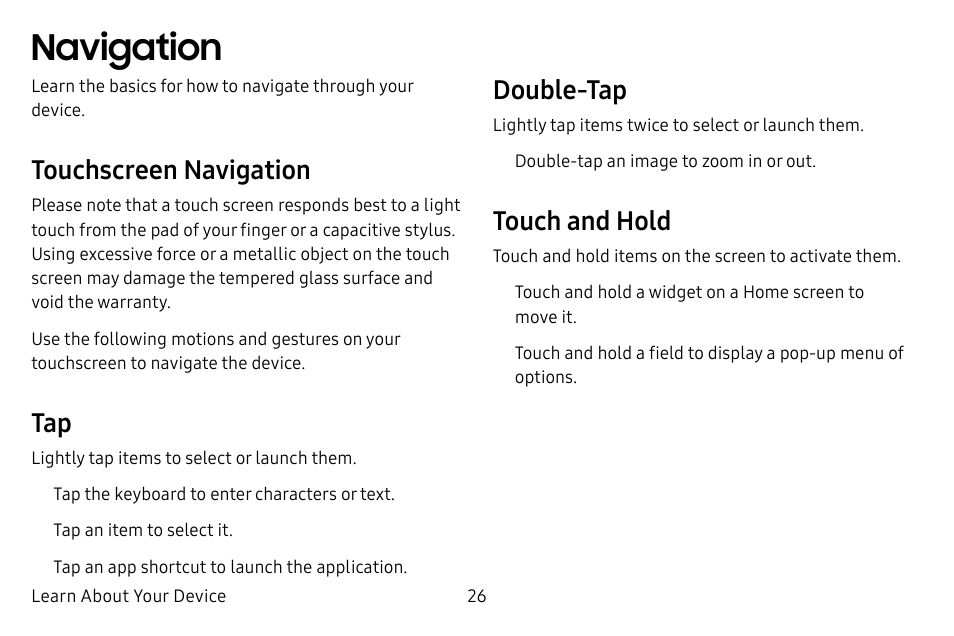 Navigation, Touchscreen navigation, Double-tap | Touch and hold | Samsung Galaxy Tab S3 (SM-T825) User Manual | Page 31 / 177