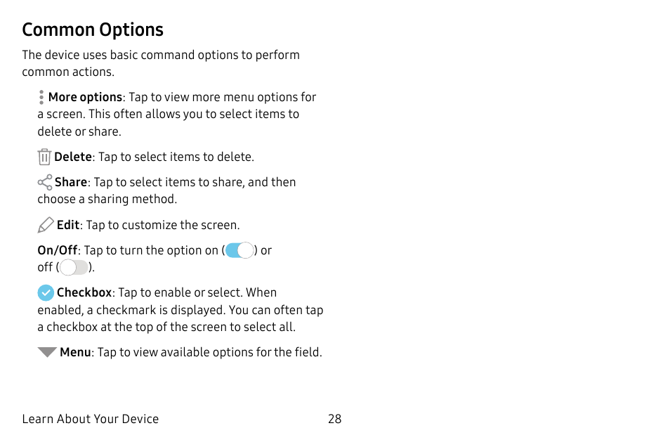 Common options | Samsung Galaxy Tab S3 (SM-T825) User Manual | Page 33 / 177