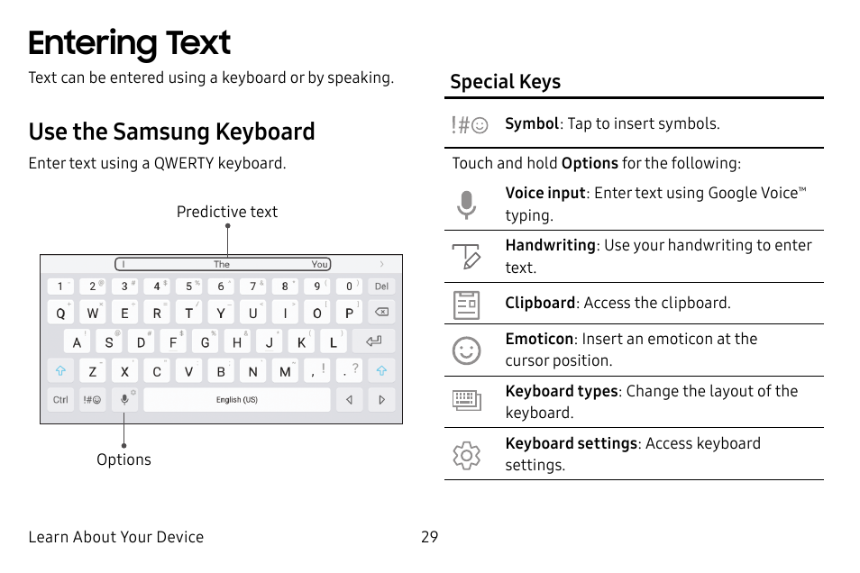 Entering text, Use the samsung keyboard | Samsung Galaxy Tab S3 (SM-T825) User Manual | Page 34 / 177