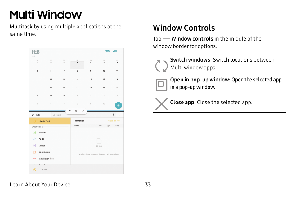 Multi window, Window controls | Samsung Galaxy Tab S3 (SM-T825) User Manual | Page 38 / 177