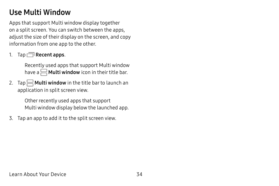 Use multi window | Samsung Galaxy Tab S3 (SM-T825) User Manual | Page 39 / 177