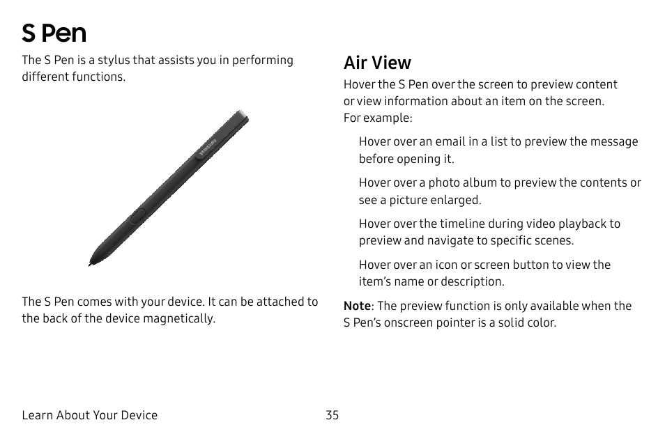 S pen, Air view | Samsung Galaxy Tab S3 (SM-T825) User Manual | Page 40 / 177