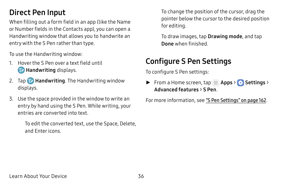 Direct pen input, Configure s pen settings | Samsung Galaxy Tab S3 (SM-T825) User Manual | Page 41 / 177