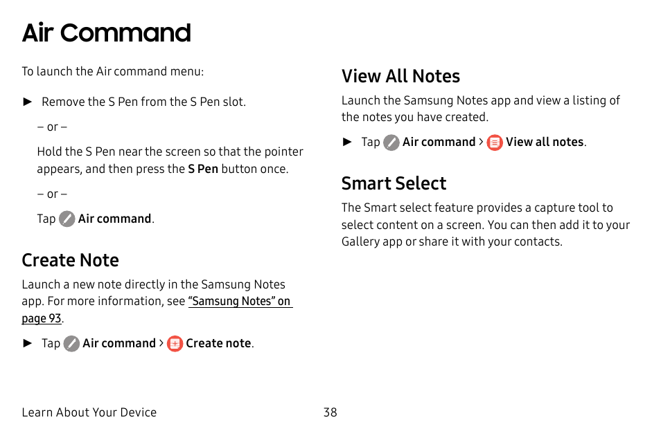 Air command, Smart select | Samsung Galaxy Tab S3 (SM-T825) User Manual | Page 43 / 177