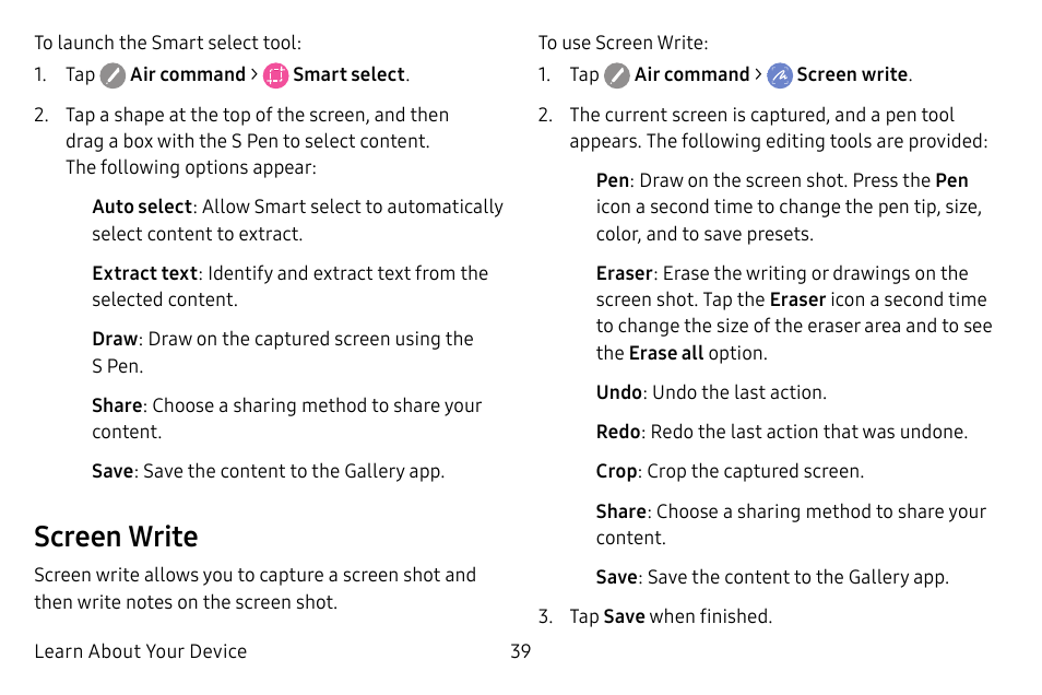 Screen write | Samsung Galaxy Tab S3 (SM-T825) User Manual | Page 44 / 177