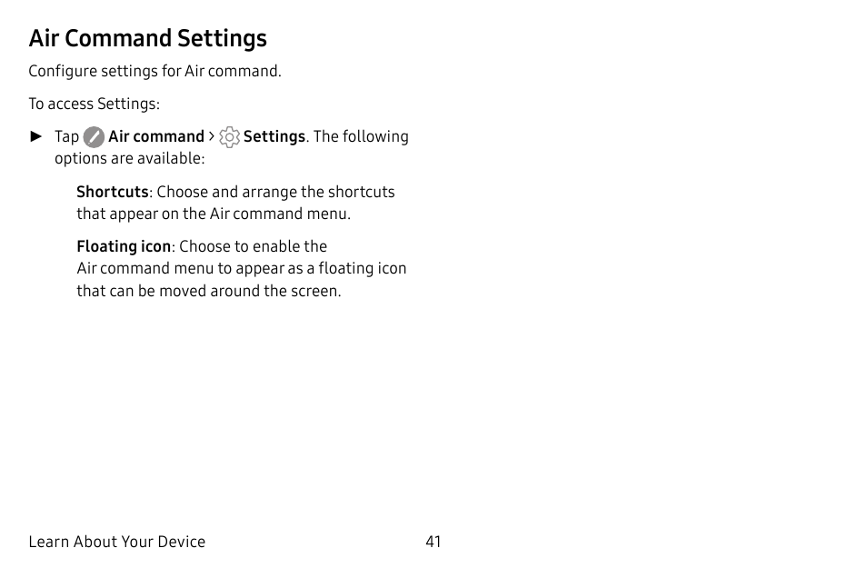 Air command settings | Samsung Galaxy Tab S3 (SM-T825) User Manual | Page 46 / 177