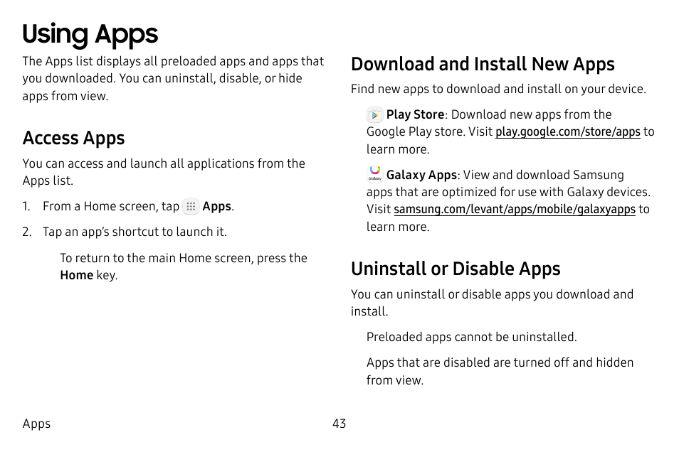 Using apps, Access apps, Download and install new apps | Uninstall or disable apps | Samsung Galaxy Tab S3 (SM-T825) User Manual | Page 48 / 177