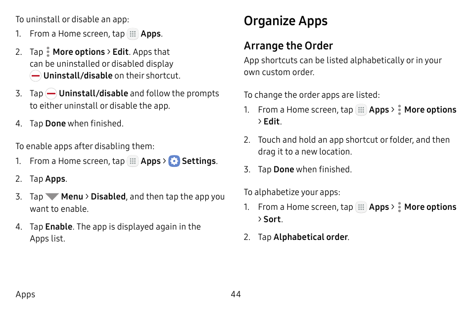 Organize apps, Arrange the order | Samsung Galaxy Tab S3 (SM-T825) User Manual | Page 49 / 177