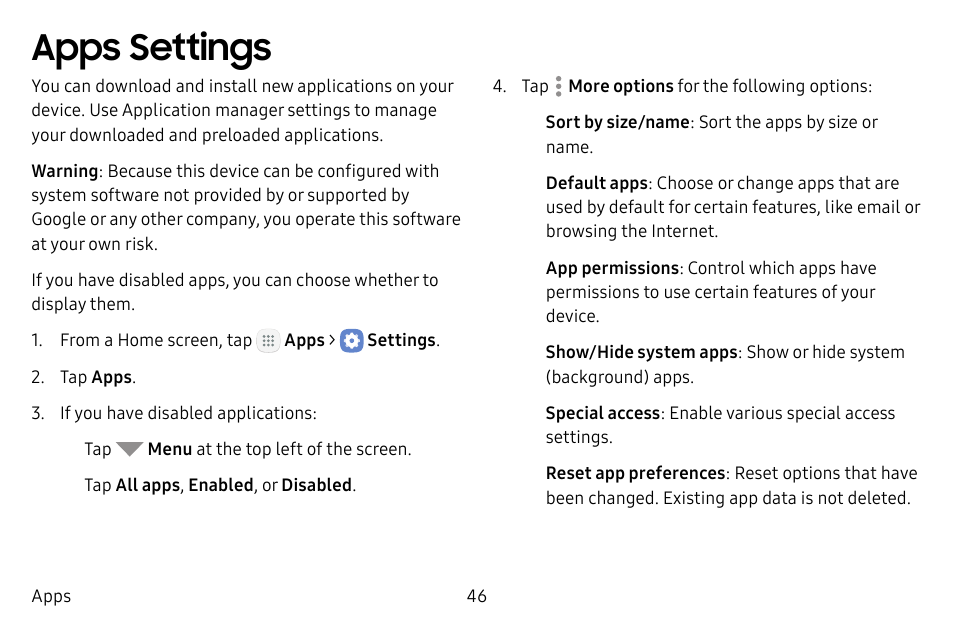 Apps settings | Samsung Galaxy Tab S3 (SM-T825) User Manual | Page 51 / 177