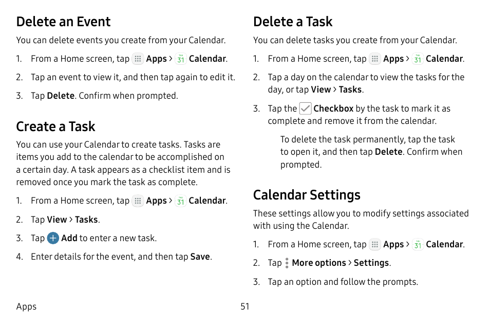 Delete an event, Create a task, Delete a task | Calendar settings | Samsung Galaxy Tab S3 (SM-T825) User Manual | Page 56 / 177