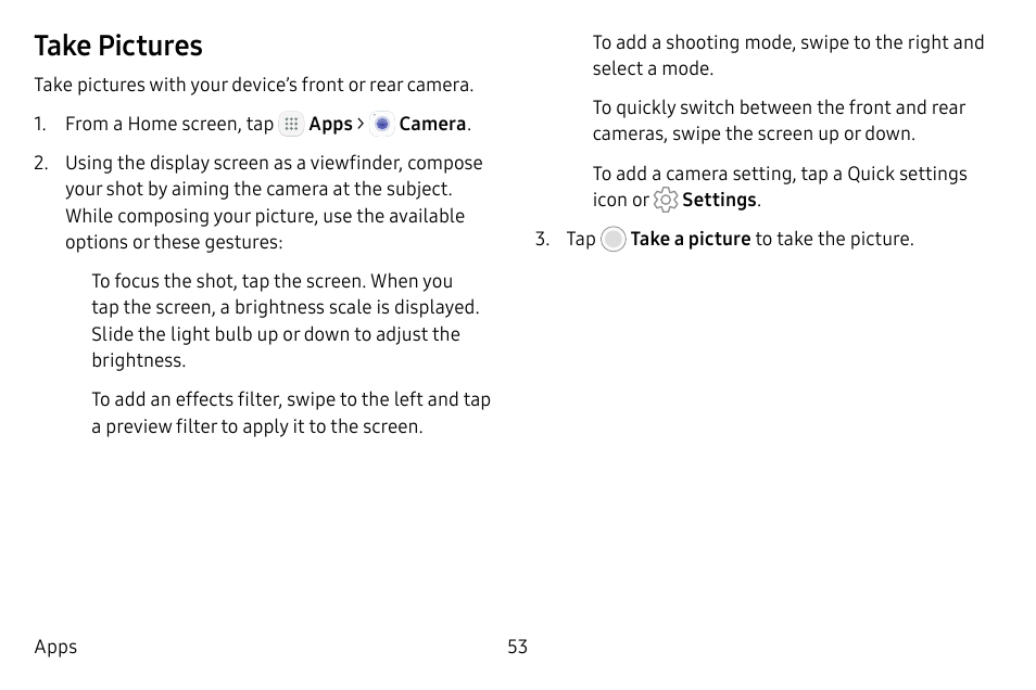 Take pictures | Samsung Galaxy Tab S3 (SM-T825) User Manual | Page 58 / 177