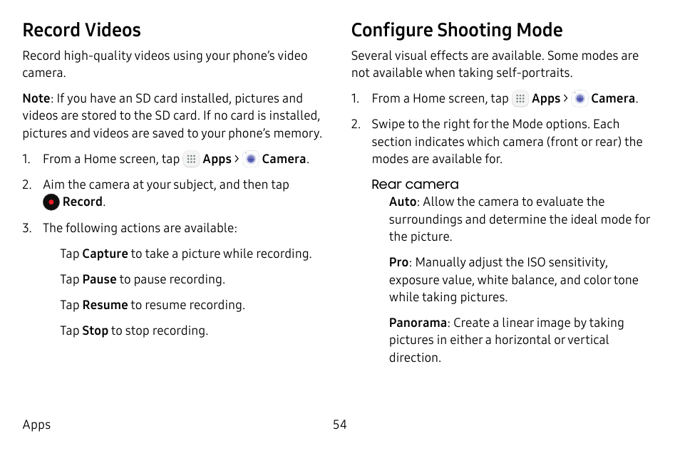Record videos, Configure shooting mode | Samsung Galaxy Tab S3 (SM-T825) User Manual | Page 59 / 177