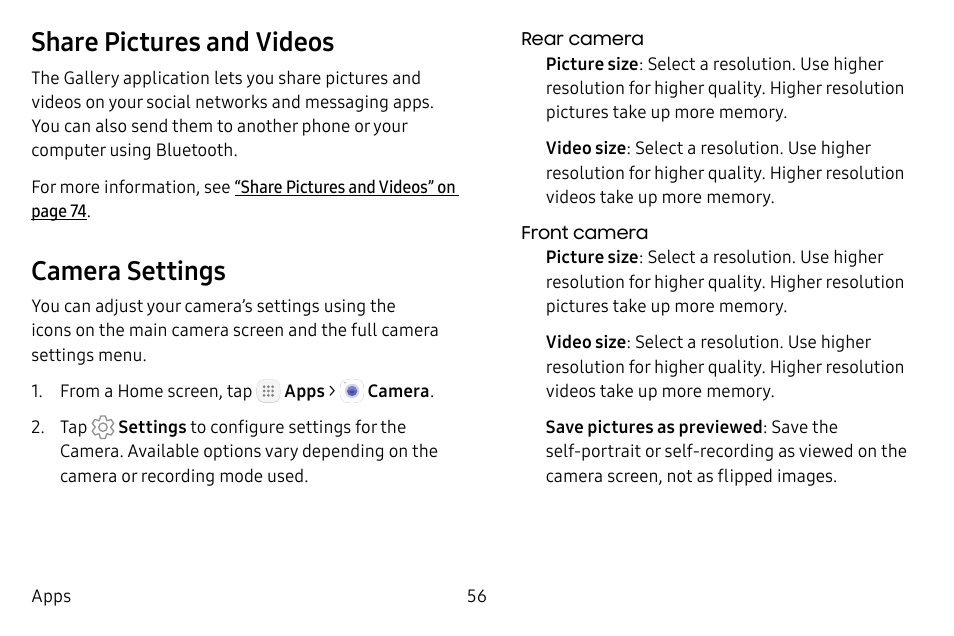 Share pictures and videos, Camera settings | Samsung Galaxy Tab S3 (SM-T825) User Manual | Page 61 / 177