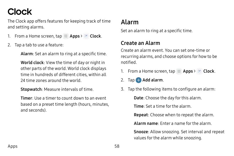 Clock, Alarm | Samsung Galaxy Tab S3 (SM-T825) User Manual | Page 63 / 177
