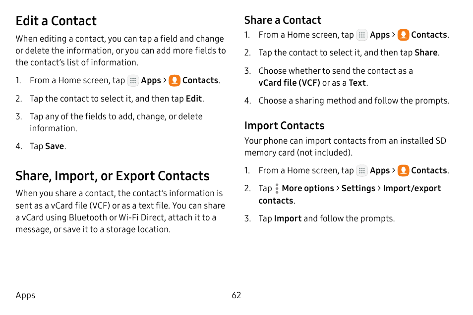 Edit a contact, Share, import, or export contacts, Share a contact | Import contacts | Samsung Galaxy Tab S3 (SM-T825) User Manual | Page 67 / 177