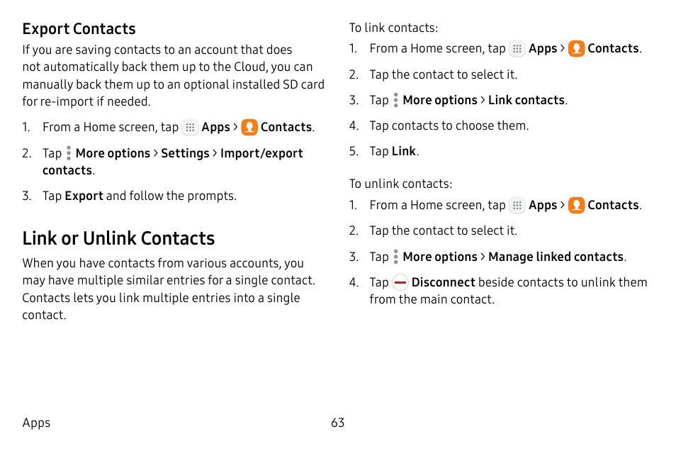 Link or unlink contacts, Export contacts | Samsung Galaxy Tab S3 (SM-T825) User Manual | Page 68 / 177