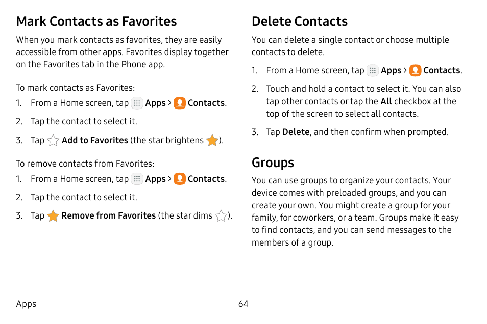 Mark contacts as favorites, Delete contacts, Groups | Samsung Galaxy Tab S3 (SM-T825) User Manual | Page 69 / 177