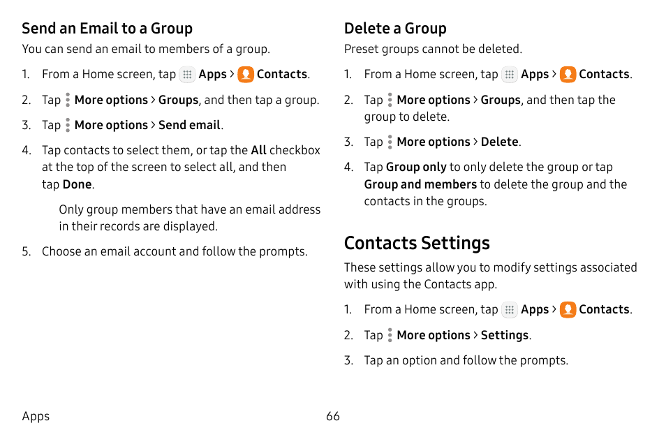 Contacts settings, Send an email to a group, Delete a group | Samsung Galaxy Tab S3 (SM-T825) User Manual | Page 71 / 177