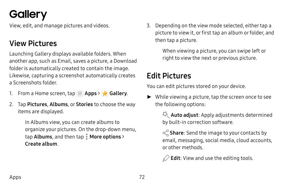 Gallery, View pictures, Edit pictures | Samsung Galaxy Tab S3 (SM-T825) User Manual | Page 77 / 177