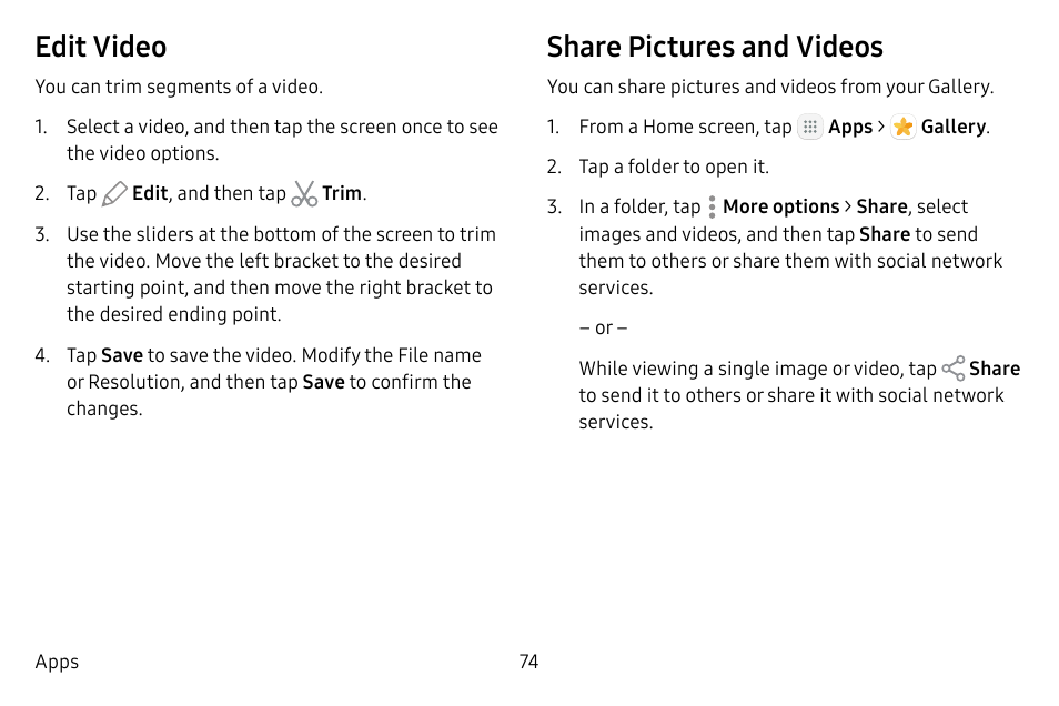 Edit video, Share pictures and videos | Samsung Galaxy Tab S3 (SM-T825) User Manual | Page 79 / 177