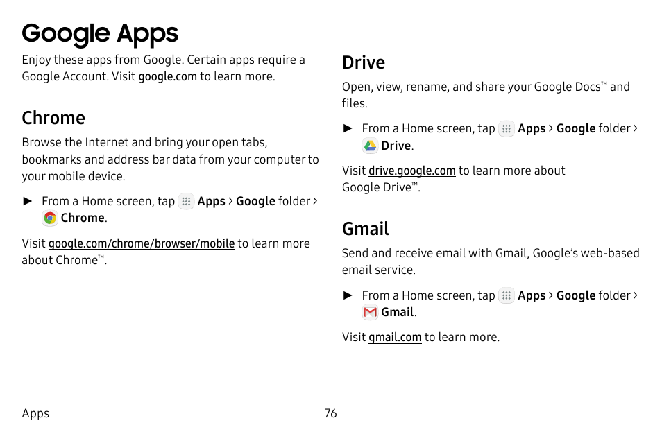 Google apps, Chrome, Drive | Gmail | Samsung Galaxy Tab S3 (SM-T825) User Manual | Page 81 / 177