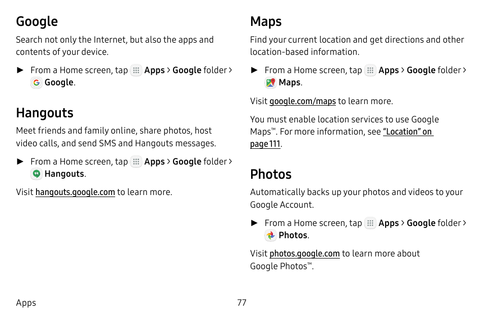 Google, Hangouts, Maps | Photos | Samsung Galaxy Tab S3 (SM-T825) User Manual | Page 82 / 177