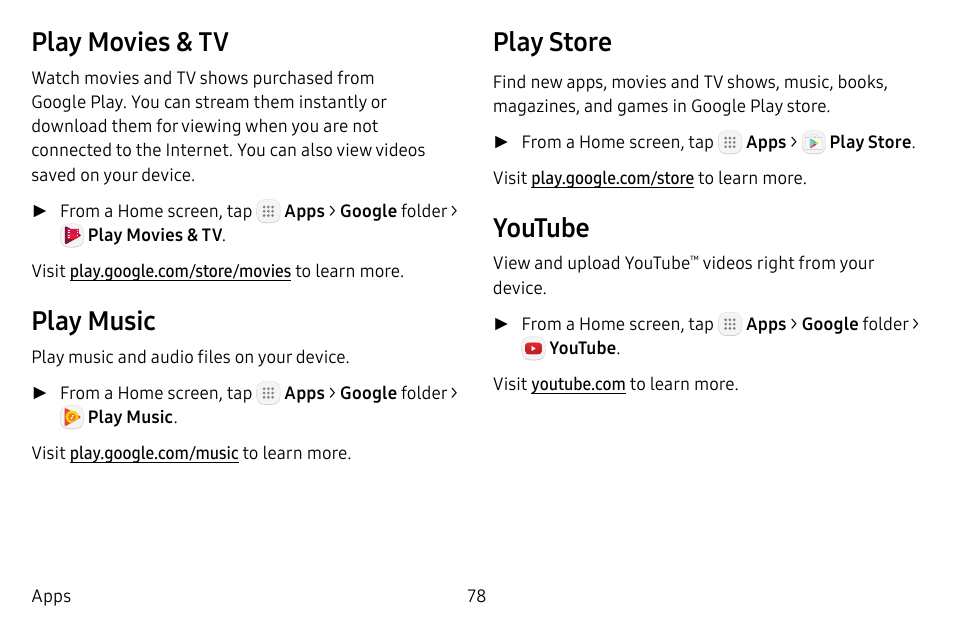 Play movies & tv, Play music, Play store | Youtube | Samsung Galaxy Tab S3 (SM-T825) User Manual | Page 83 / 177