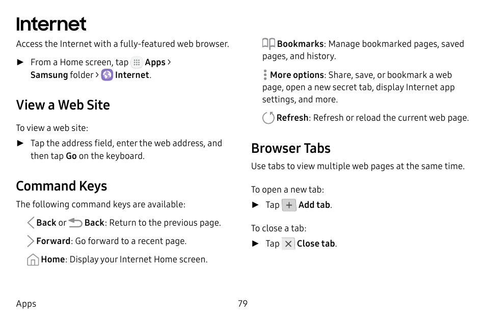 Internet, View a web site, Command keys | Browser tabs | Samsung Galaxy Tab S3 (SM-T825) User Manual | Page 84 / 177