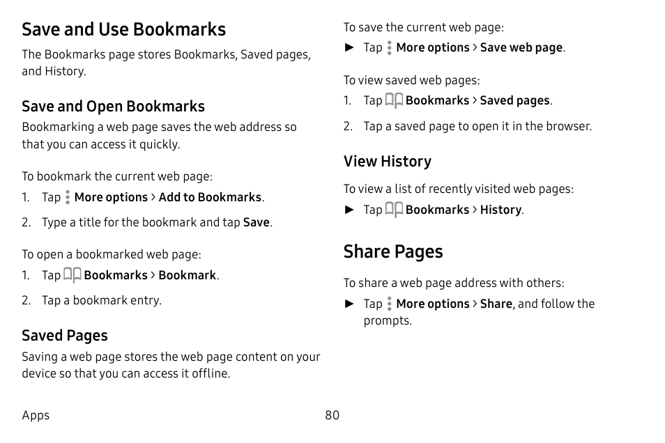 Save and use bookmarks, Share pages, Save and open bookmarks | Saved pages, View history | Samsung Galaxy Tab S3 (SM-T825) User Manual | Page 85 / 177